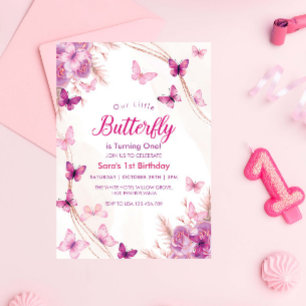 First 1st Birthday Purple Floral Butterflies Party Invitation