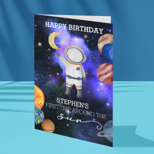 First 1st Birthday Space Astronaut Galaxy Planet Card