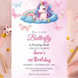 First 1st Birthday Unicorn Pink Butterfly Invitation