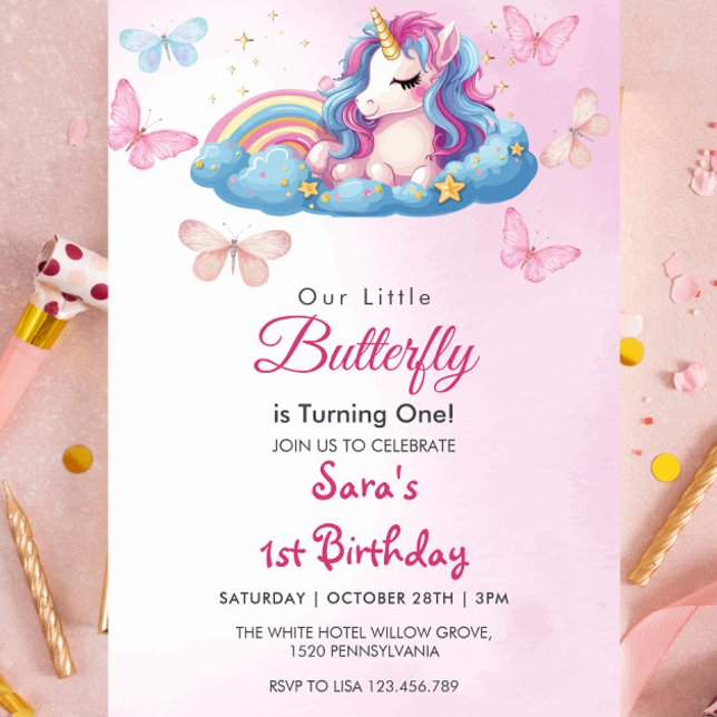 First 1st Birthday Unicorn Pink Butterfly Invitation (Creator Uploaded)