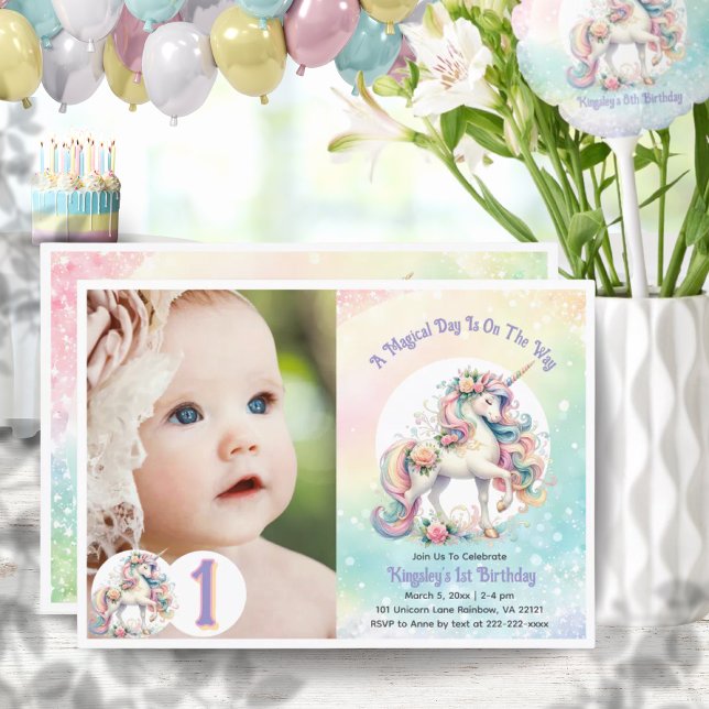 First 1st Birthday Unicorn Theme Pastel Rainbow Invitation (First 1st Birthday Unicorn Theme Pastel Rainbow Invitation)