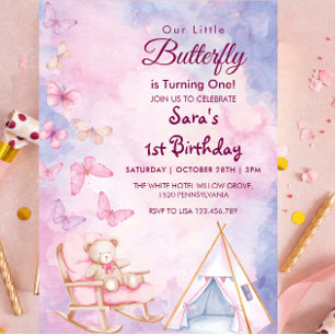 First 1st Birthday WatercoloBear LItlle Butterfly Invitation