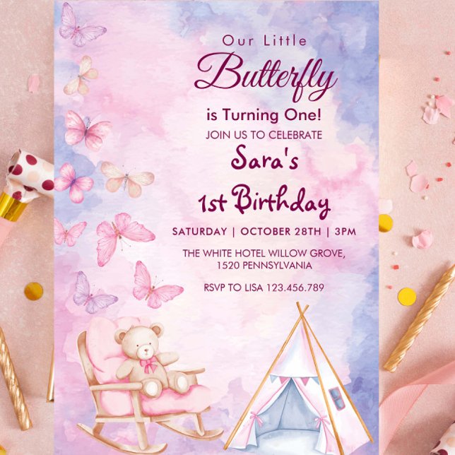 First 1st Birthday WatercoloBear LItlle Butterfly  Invitation (Creator Uploaded)