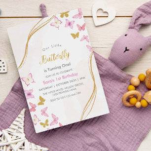 First 1st Birthday Watercolor Butterflies Party Invitation