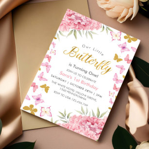 First 1st Birthday Watercolor Butterfly & Flower Invitation