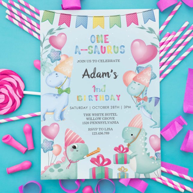 First 1st Birthday Watercolor Dinosaur, Light Blue Invitation (Creator Uploaded)