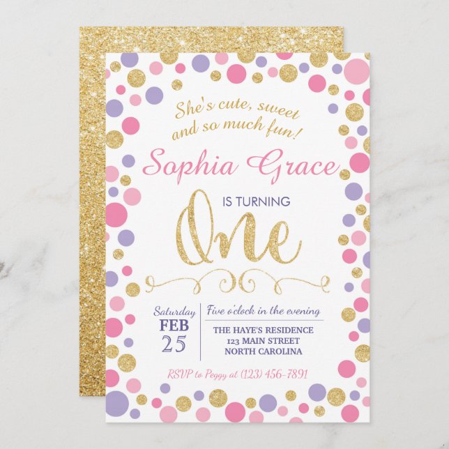 First 1st Girl Birthday Invitation (Front/Back)