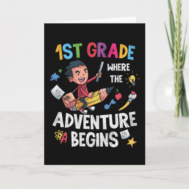 First 1st Grade Adventure School Teacher Kids Boys Card (Front)