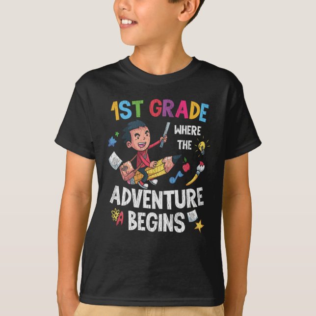 First 1st Grade Adventure School Teacher Kids Boys T-Shirt (Front)