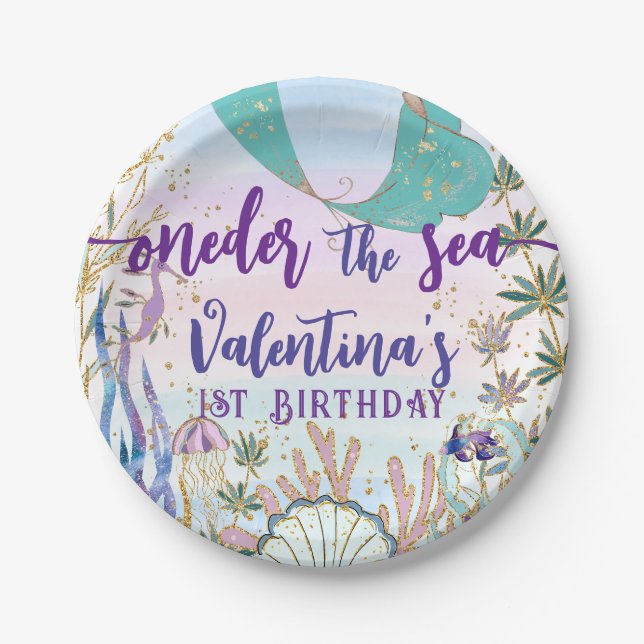 First 1st ONEder the Sea Birthday Mermaid Glitter Paper Plate (Front)