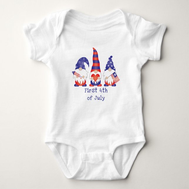 First 4th Of July Gnome Red White Blue Baby Bodysuit (Front)