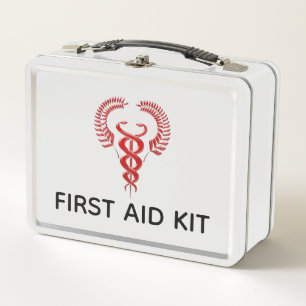 First aid red caduceus medical symbol emergency metal lunch box