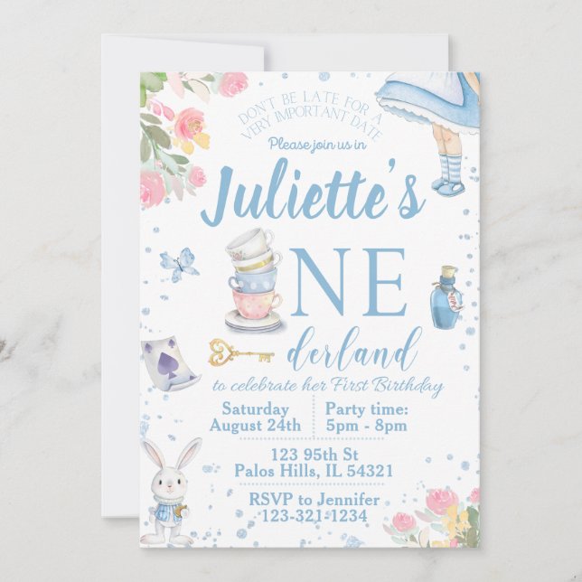 First Alice in Wonderland birthday invitation (Front)
