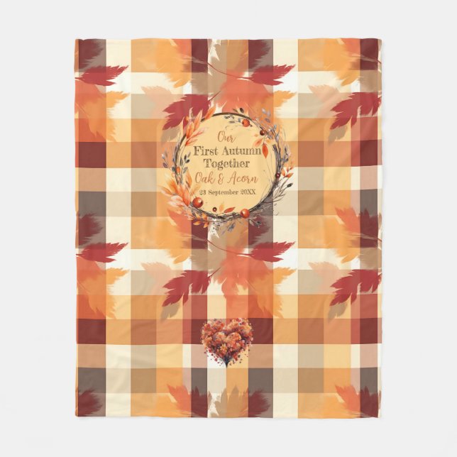 First Autumn: Fall Wreath and Plaid Name & Date  Fleece Blanket (Front)