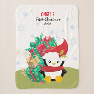 First Baby Girl Christmas  Penguin Sherpa Blanket