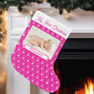 First Baby Girl's Photo Name Pink Snow Large Christmas Stocking