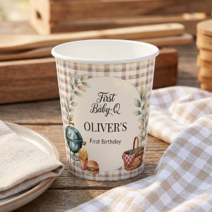 First Baby Q BBQ 1st Birthday Boy Rustic Gingham Paper Cups