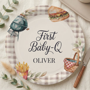 First Baby Q BBQ 1st Birthday Boy Rustic Gingham Paper Plate