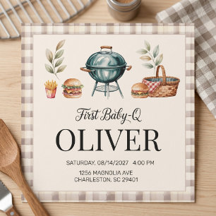 First Baby Q BBQ First Birthday Boy Rustic Gingham Invitation