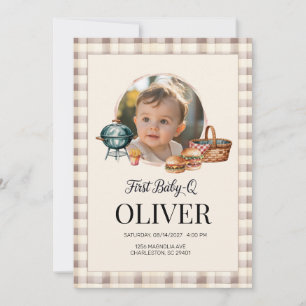 First Baby Q BBQ Photo First Birthday Boy Gingham Invitation