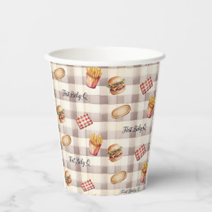 First Baby-Q Gingham Pattern BBQ Picnic Birthday Paper Cups