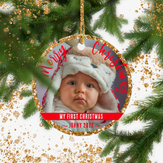 First baby's Christmas gold glitter  Ceramic Ornament
