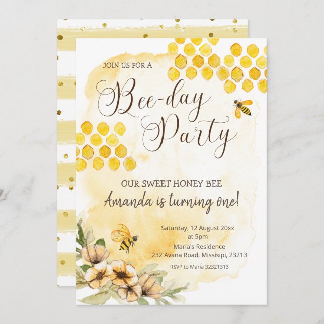 First Bee Birthday Party Invitation (Front/Back)