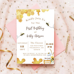 First Bee Birthday Yellow Bee and Sunflower Invitation