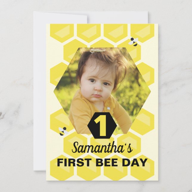 First Bee Day Birthday Invitation Honeycomb Design (Front)
