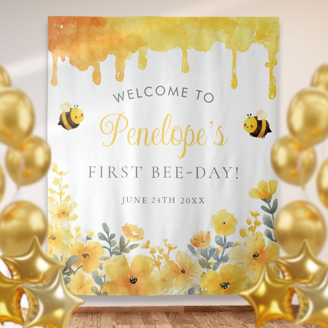 First Bee Day Birthday Photo Backdrop Tapestry (First Bee Day Birthday Photo Backdrop)