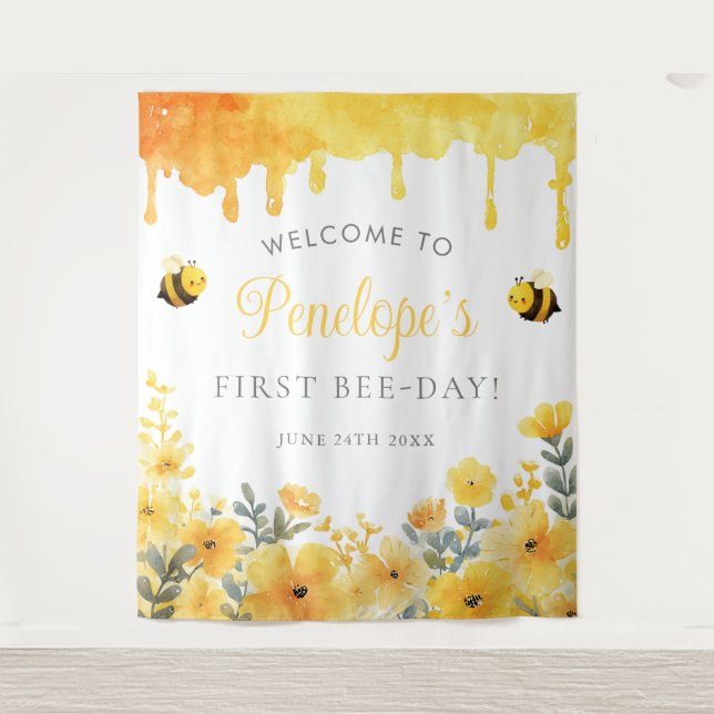 First Bee Day Birthday Photo Backdrop Tapestry (Front)