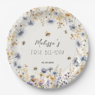 First Bee Day - Floral 1st Birthday Paper Plate