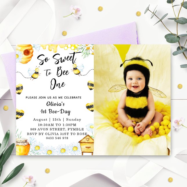 First Bee Day So Sweet To Bee One Bee Photo Invitation (Creator Uploaded)
