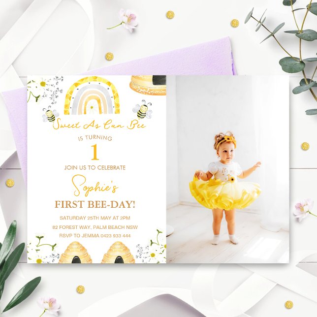 First Bee Day Sweet As Can Bee Birthday Photo Invitation (Creator Uploaded)