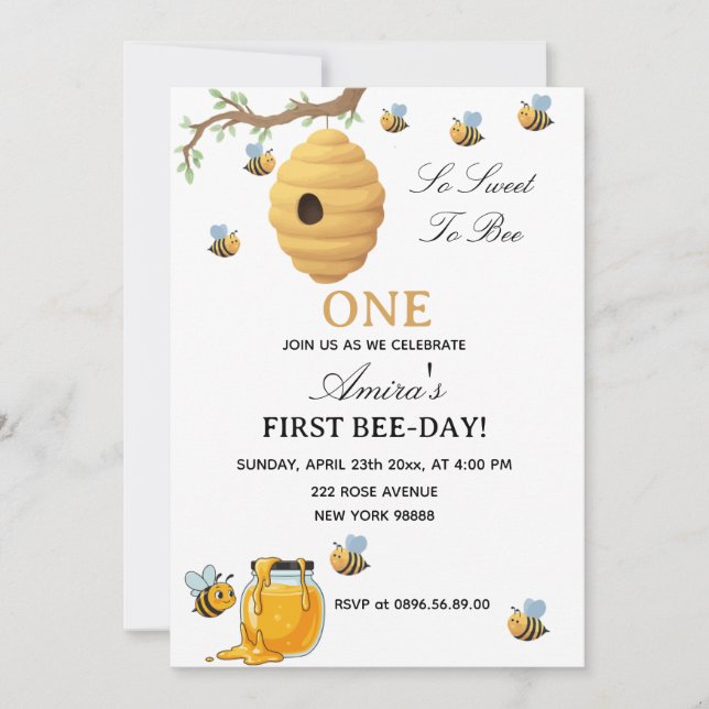First Bee Day yellow honey 1st Birthday Invitation (Front)