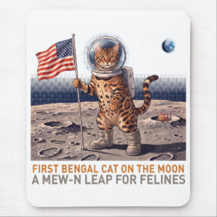 First Bengal Cat on the Moon - Retro Space Feline Mouse Pad