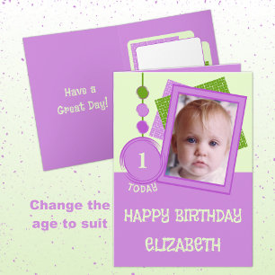 First birthday 1 today name photo purple green card