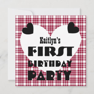 First Birthday 1 Year Old Hearts Maroon Plaid V04B Invitation