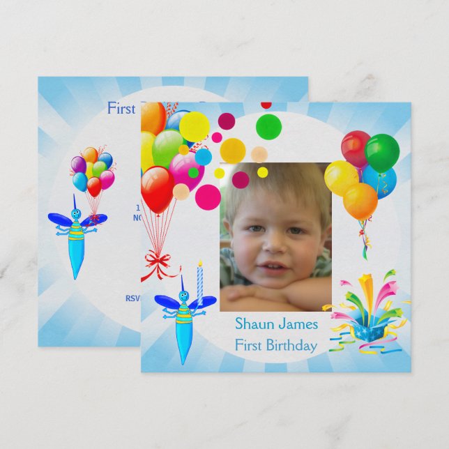 First Birthday 1st Boy Blue Balloons Bug Invitation (Front/Back)