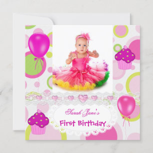 First Birthday 1st Girl Cupcakes Pink Balloons Invitation