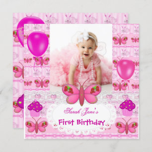 First Birthday 1st Girl Hot Pink Butterfly Invitation