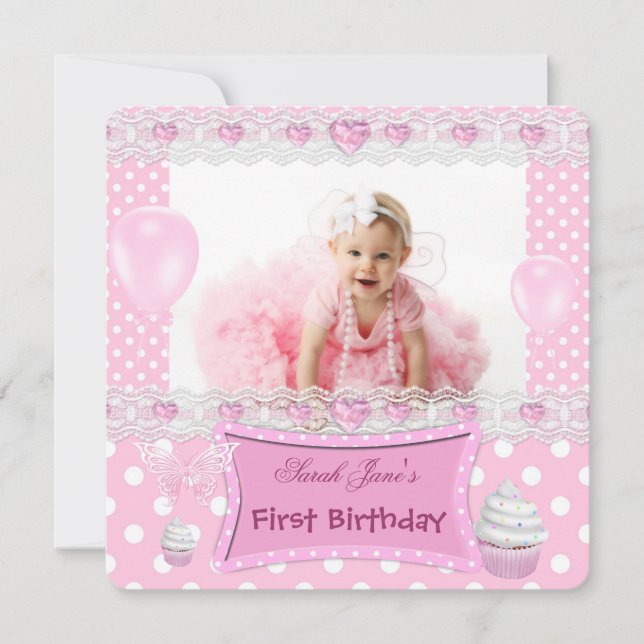First Birthday 1st Girl Pink Baby Polka Dots Invitation (Front)