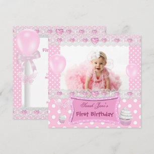 First Birthday 1st Girl Pink Baby Polka Dots Invitation