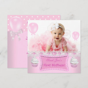 First Birthday 1st Girl Pink Cupcakes Baby 2 Invitation