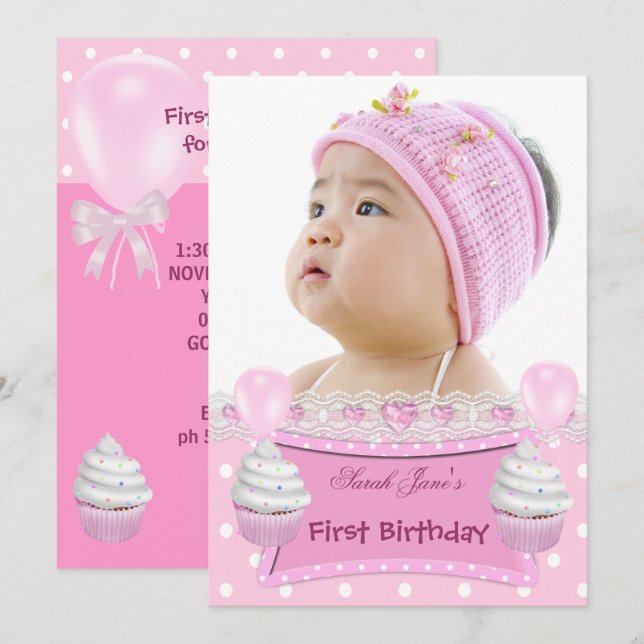 First Birthday 1st Girl Pink Cupcakes Baby Invitation (Front/Back)