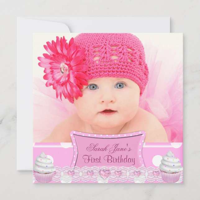 First Birthday 1st Girl Pretty Pink Cupcakes Baby Invitation (Front)