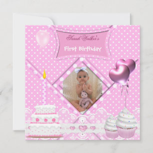 First Birthday 1st Girl Spot Pink Cupcake Cake Invitation