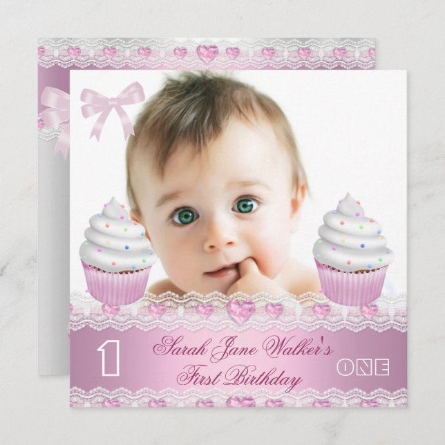First Birthday 1st Girl White Pink Cupcake Baby 3 Invitation (Front/Back)