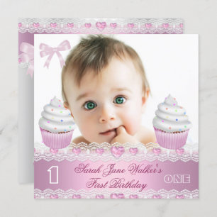 First Birthday 1st Girl White Pink Cupcake Baby 3 Invitation