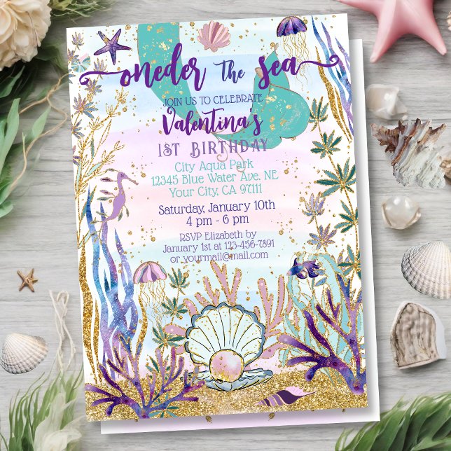 First Birthday 1st ONEder the Sea Mermaid Glitter Invitation (Creator Uploaded)